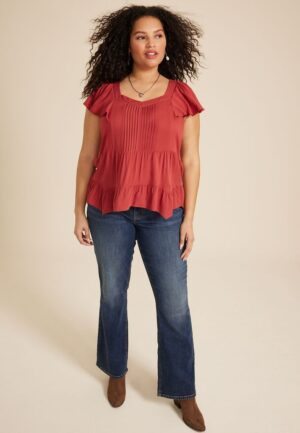 Plus Size Flutter Sleeve V Neck Blouse