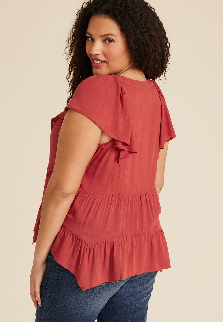 Plus Size Flutter Sleeve V Neck Blouse - Image 2