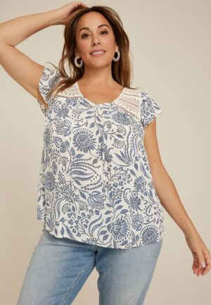 Plus Size Floral Crochet Embroidered Tie Front Blouse
