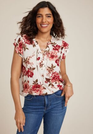 Floral Double Flutter Short Sleeve Blouse
