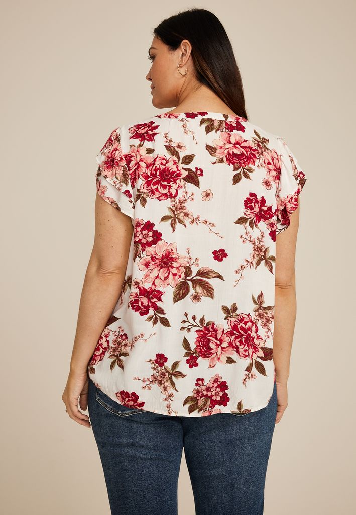 Plus Size Floral Double Flutter Short Sleeve Blouse - Image 2