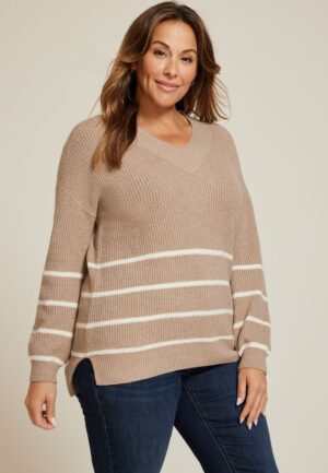 Plus Size Striped Slouchy V Neck Sweater