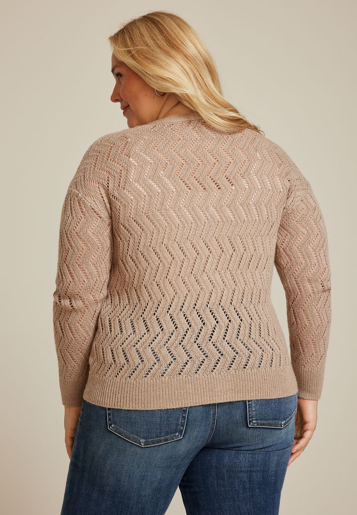 Plus Size Zig Zag Pointelle Button Front Cardigan - Image 2