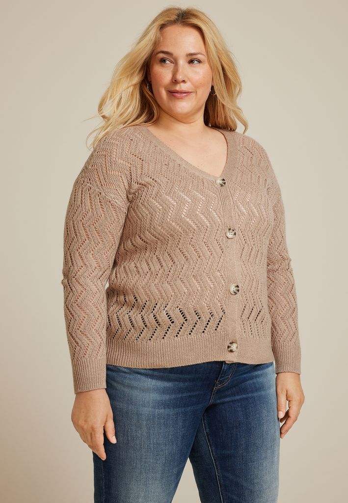 Plus Size Zig Zag Pointelle Button Front Cardigan - Image 3