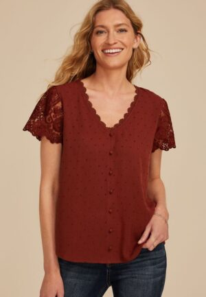 Clip Dot Lace Short Sleeve Blouse