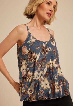Blue Floral Ruffle Tiered Cami Top