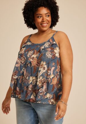 Plus Size Blue Floral Ruffle Tiered Cami Top
