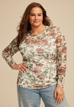 Plus Size Floral Mesh Blouse
