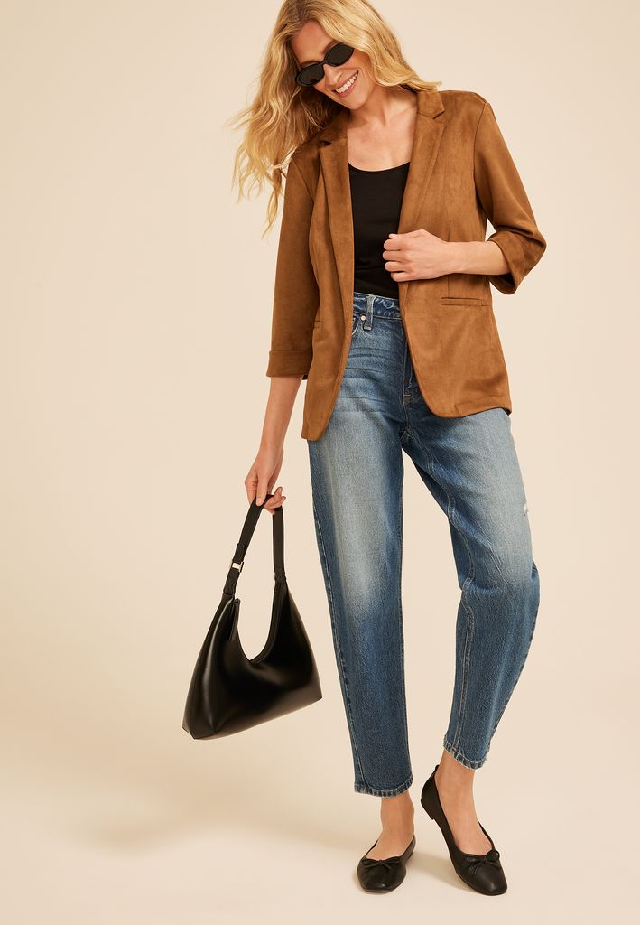 Faux Suede Open Front Blazer - Image 3