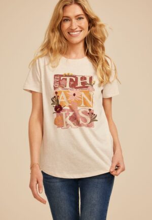 Floral Embroidered Give Thanks Classic Fit Graphic Tee