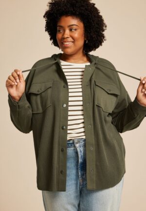 Plus Size Waffle Knit Hooded Shacket