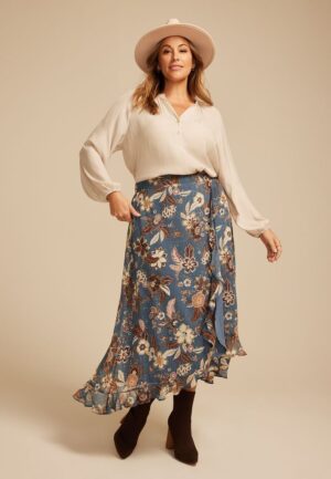 Plus Size Blue Floral Faux Wrap Maxi Skirt