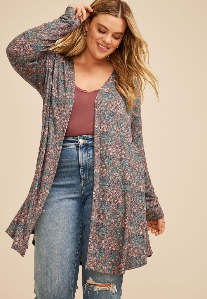 Plus Size Hacci Printed Cardigan