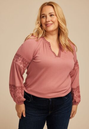 Plus Size Embroidered Gauze Blouson Sleeve Top