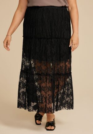 Plus Size Studio Y Black Floral Lace Maxi Skirt
