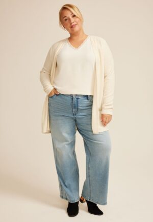 Plus Size Silver Metallic Textured Open Front Cardigan