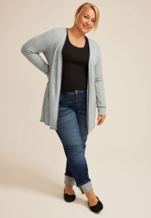 Plus Size Whipstitch Trim Open Front Cardigan