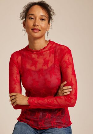 Embroidered Floral Sheer Lace Mock Neck Blouse