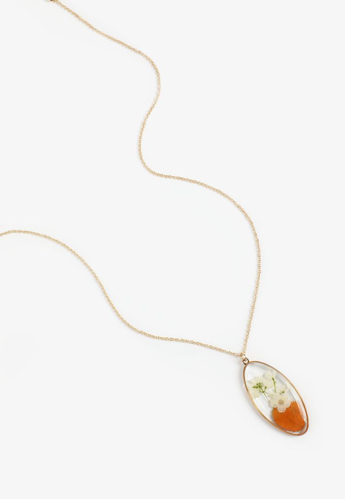Pressed Fall Floral Oval Pendant Necklace