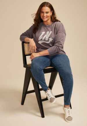 Plus Size State Satin Letter Crew Neck Sweatshirt