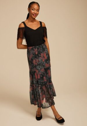 Printed Mesh High Rise Maxi Skirt