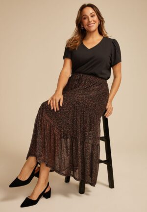 Plus Size Printed Mesh High Rise Maxi Skirt