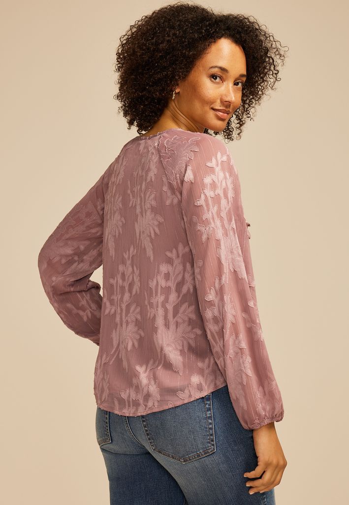 Jacquard Floral Lace Up Peasant Blouse - Image 2