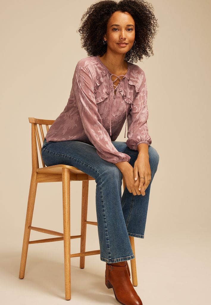 Jacquard Floral Lace Up Peasant Blouse - Image 3