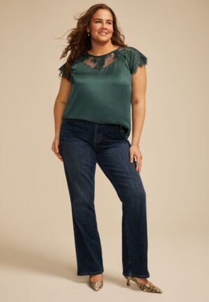 Plus Size Mixed Fabric Lace Short Sleeve Blouse