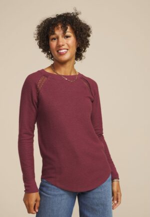 Crochet Trim Waffle Knit Long Sleeve Tee