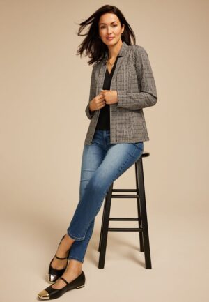 Houndstooth Plaid Ponte Knit Blazer