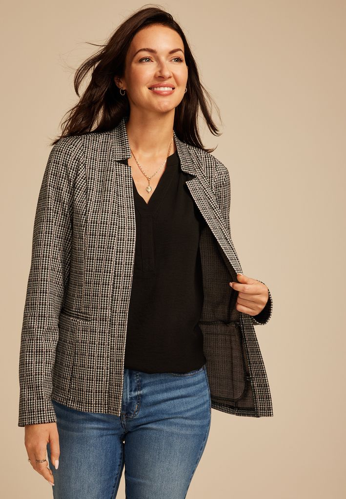Houndstooth Plaid Ponte Knit Blazer - Image 3