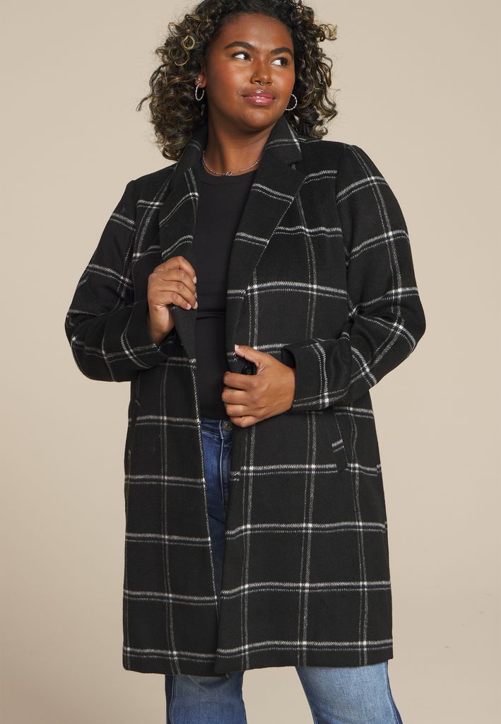 Plus Size Windowpane One Button Dress Coat