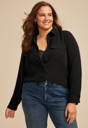 Plus Size Black Utility Button Down Shirt
