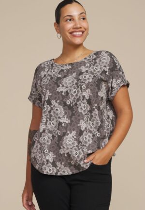 Plus Size Delton Floral Lace Print Zipper Back Blouse