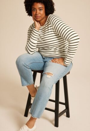 Plus Size Soft Essential Striped Crew Neck Snap Cuff Top