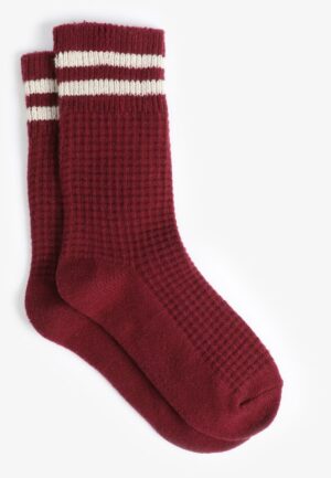 Burgundy Striped Waffle Knit Crew Socks