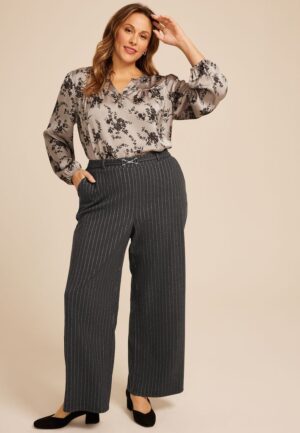 Plus Size Pinstripe Knit High Rise Wide Leg Pant