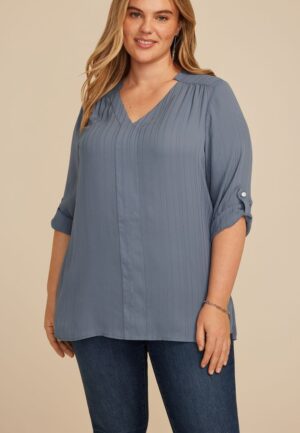 Plus Size Striped 3/4 Sleeve Tunic Blouse