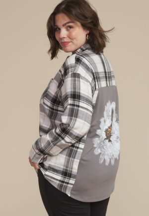 Plus Size Cabin Plaid Graphic Back Floral Button Down Shirt