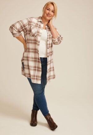 Plus Size Plaid Button Down Duster Shirt