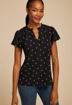 Atwood Printed Smocked Shoulder Flutter Sleeve Blouse