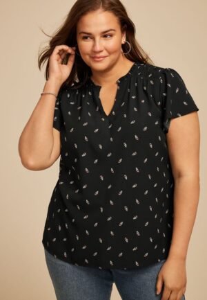 Plus Size Atwood Printed Smocked Shoulder Flutter Sleeve Blouse