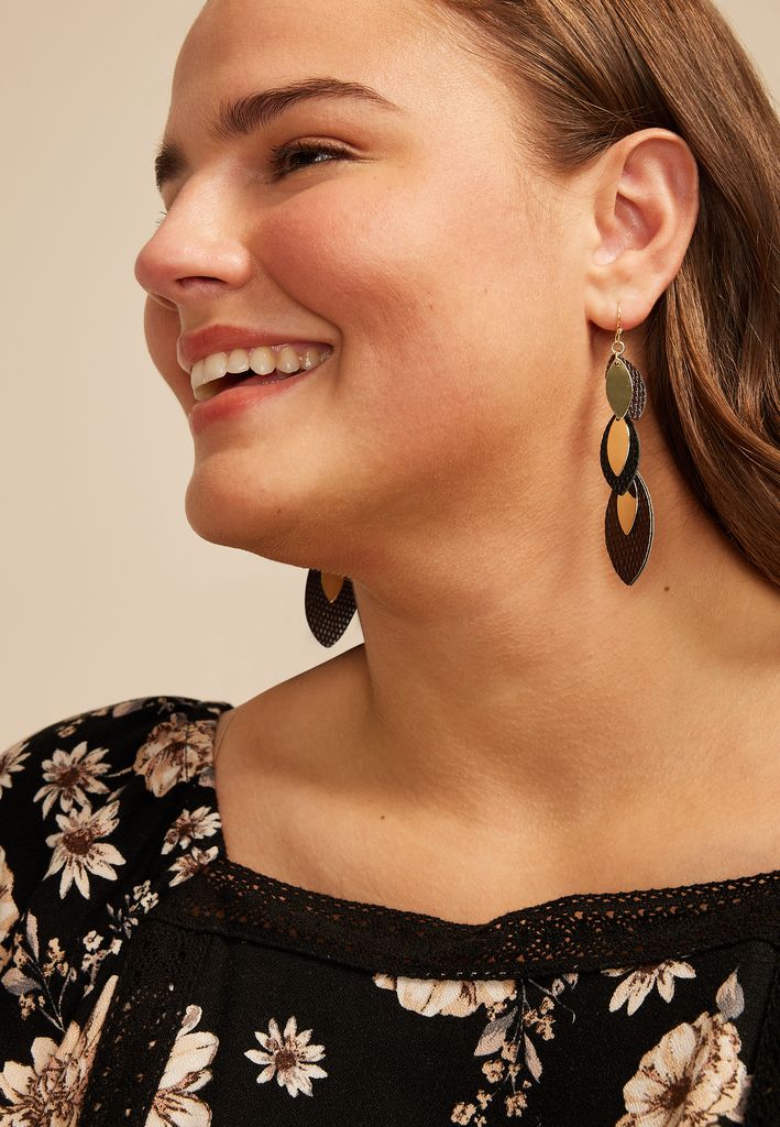 Faux Leather Black And Brown Leaf Linear Drop Earrings - Image 2