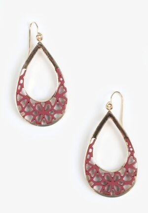 Gold And Burgundy Floral Cut Out Teardrop Earrings