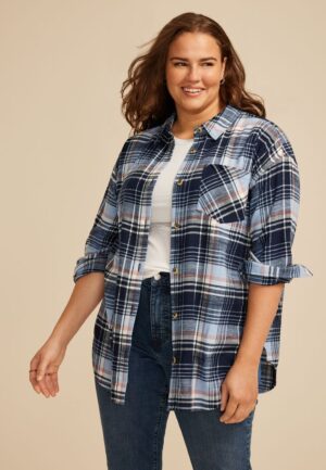 Plus Size Cabin Plaid Boyfriend Tunic Button Down Shirt