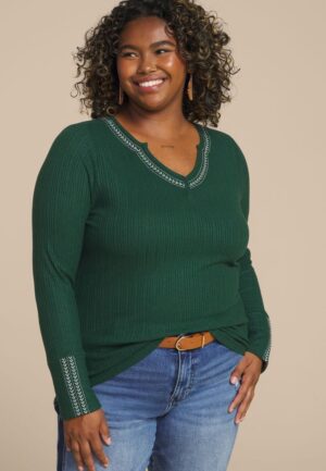 Plus Size Embroidered Notch Neck Ribbed Long Sleeve Tee