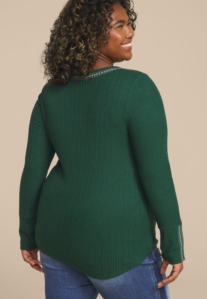 Plus Size Embroidered Notch Neck Ribbed Long Sleeve Tee - Image 2