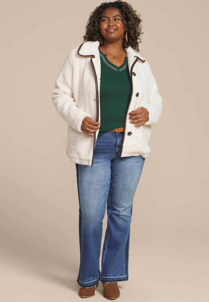 Plus Size Embroidered Notch Neck Ribbed Long Sleeve Tee - Image 3