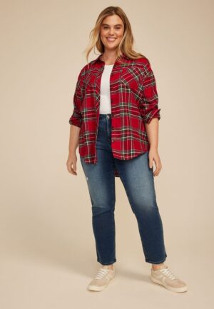 Plus Size Plaid Boyfriend Tunic Button Down Shirt